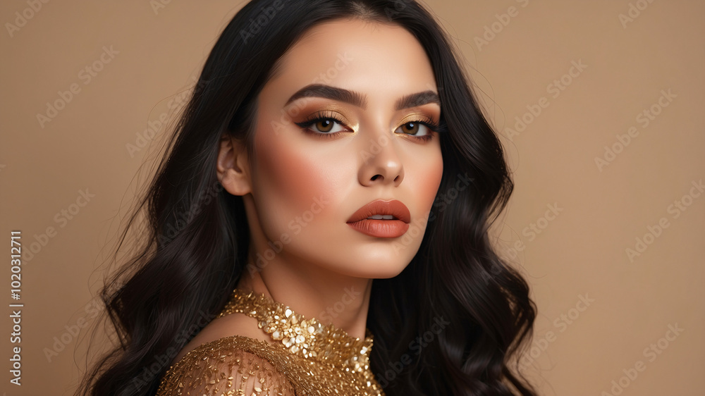 Portrait of a woman with striking gold eyeshadow and lipstick, exuding confidence and style in an elegant posture. Portrait of a woman with striking gold eyeshadow and lipstick, exuding confidence and style in an elegant posture.