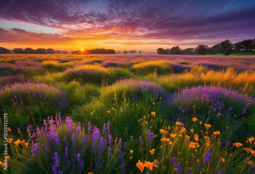 Obraz premium stunning sunrise over vibrant fields adorned sparkling dewdrops illuminating beauty, dawn, morning, light, illumination, colors, bright, outdoor