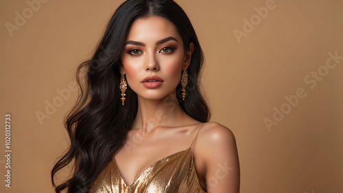 Sophisticated woman with long dark hair wearing a shimmering gold dress, embodies timeless elegance and allure.