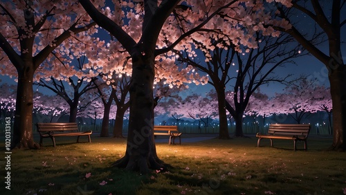 Serene Twilight at the Cherry Blossom Park – Japan-Inspired Tranquility with Sakura in Bloom