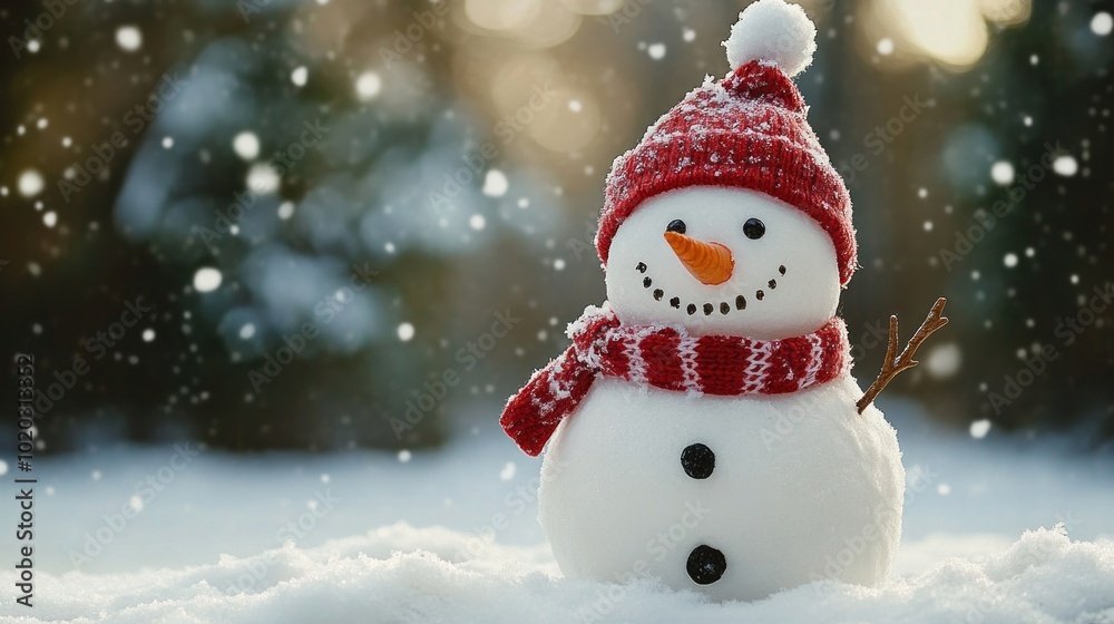 Merry christmas and happy new year greeting card featuring a joyful snowman in a winter wonderland landscape with snowy background and ample copy-space for personalized messages, perfect for holiday g Merry christmas and happy new year greeting card featuring a joyful snowman in a winter wonderland landscape with snowy background and ample copy-space for personalized messages, perfect for holiday g