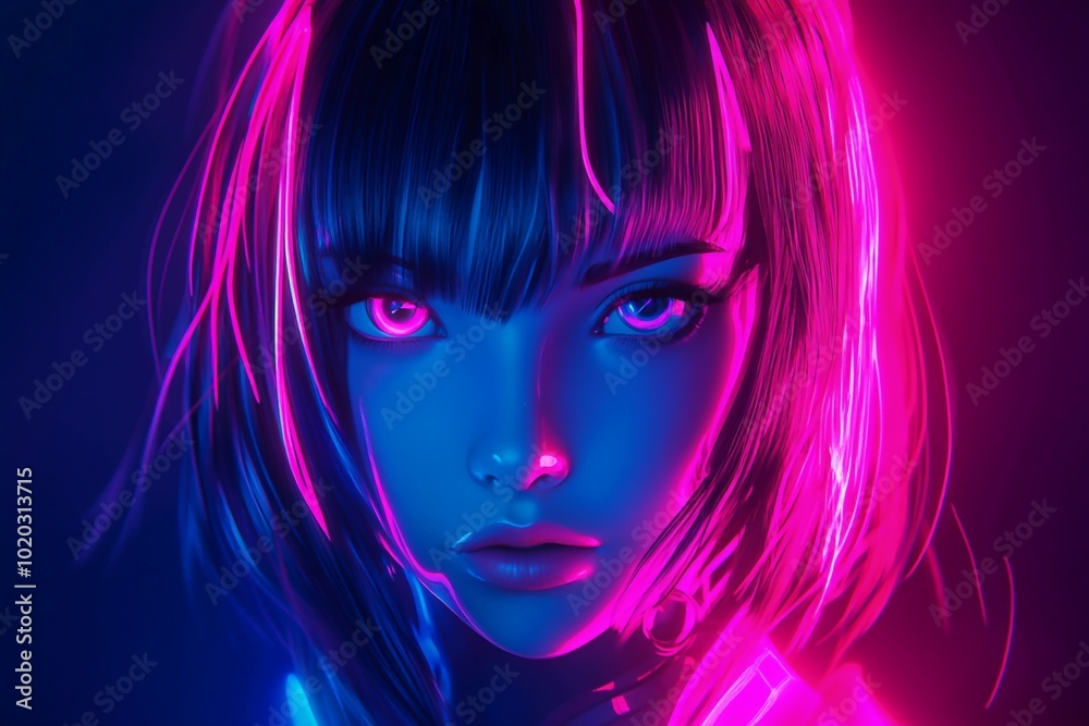 3D Anime Girl, Neon pink and blue accents Background Wallpaper 3D Anime Girl, Neon pink and blue accents Background Wallpaper