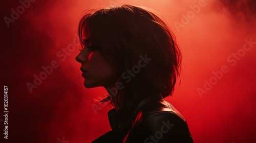 A woman with short hair poses against a dramatic red background during a photoshoot in an artistic studio setting, showcasing contemporary fashion