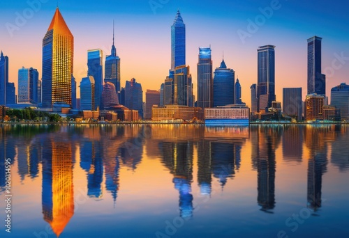 stunning vibrant city skyline glimmering reflection still water under bright blue sky, architecture, buildings, landscape, urban, nighttime, lake, lights