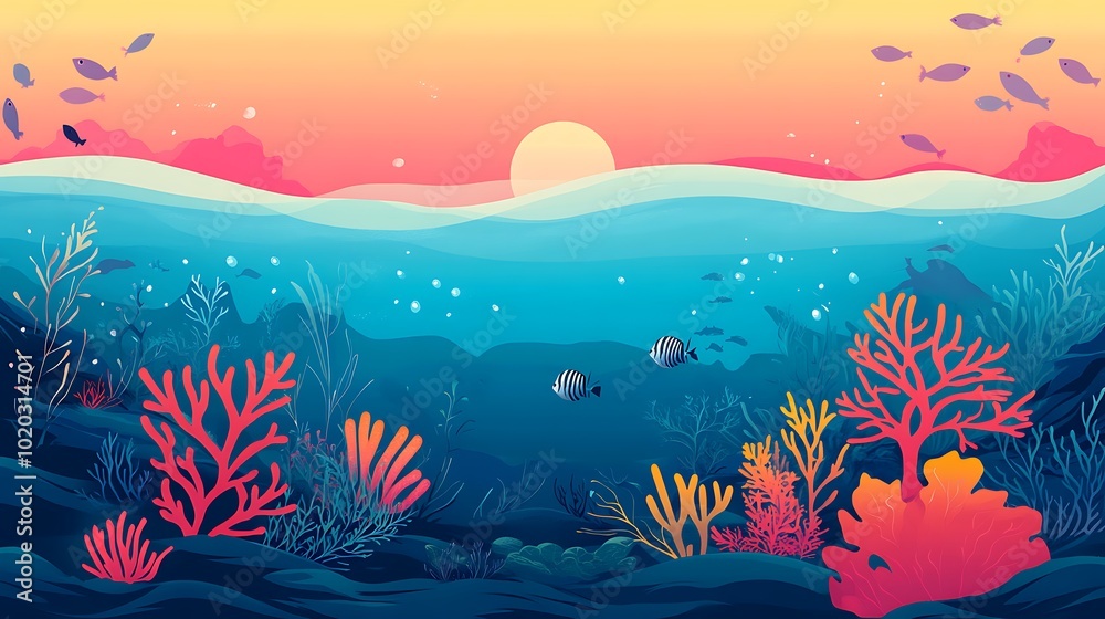 Underwater Scene with Coral Reef and Fish at Sunset Underwater Scene with Coral Reef and Fish at Sunset