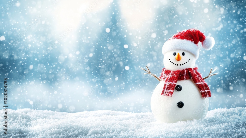 Merry christmas and happy new year greeting card featuring a joyful snowman in a winter wonderland landscape with snowy background and ample copy-space for personalized messages, perfect for holiday g Merry christmas and happy new year greeting card featuring a joyful snowman in a winter wonderland landscape with snowy background and ample copy-space for personalized messages, perfect for holiday g