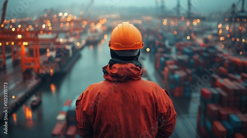 A man in a red jacket and orange helmet stands on a bridge overlooking a city photo