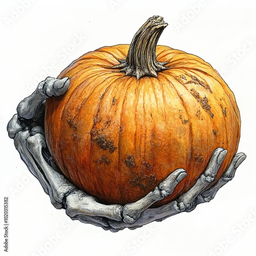 Skeleton Hand Holding Pumpkin for Halloween photo