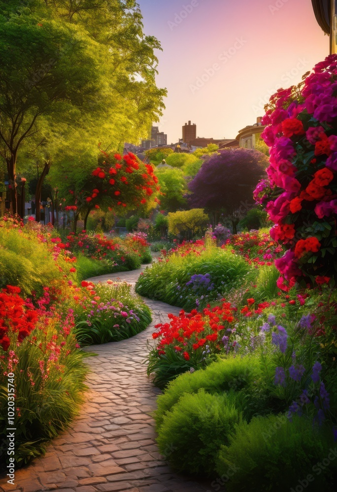 Fototapeta premium colorful urban green spaces featuring dense flowering unique inviting pathways tranquil city environment, aesthetic, area, botanical, biodiversity, blooming