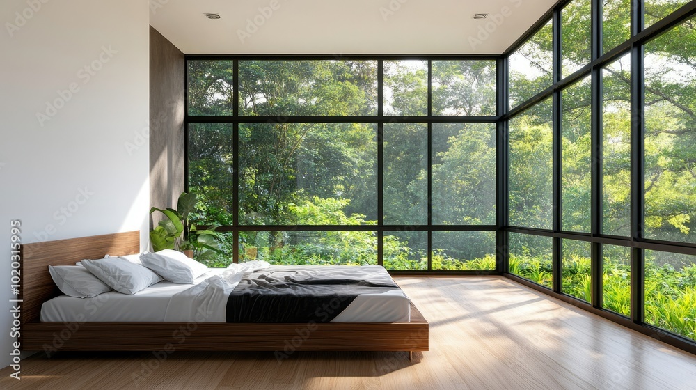 Modern-style bedroom design with large windows, a bed against white walls, and light wood flooring. View of lush green landscape outside. Modern-style bedroom design with large windows, a bed against white walls, and light wood flooring. View of lush green landscape outside.