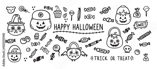 Halloween sweet candy doodle outline set. Line hand drawn candies. Drawing sweets
