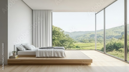 Modern-style bedroom with a panoramic window overlooking a green landscape. White walls, light wooden floors, and a cozy bed in the corner.