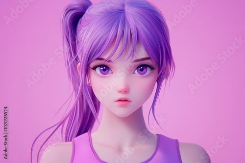 3D Anime Girl, Pink and purple color scheme Background Wallpaper