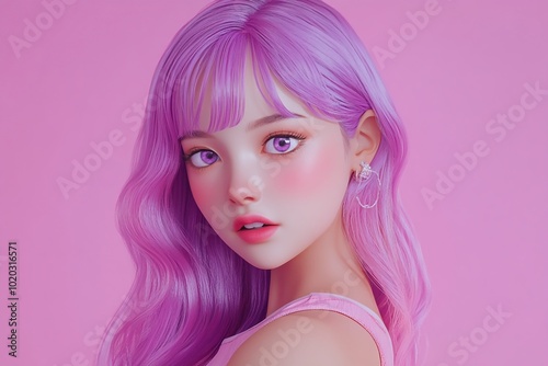 3D Anime Girl, Pink and purple color scheme Background Wallpaper