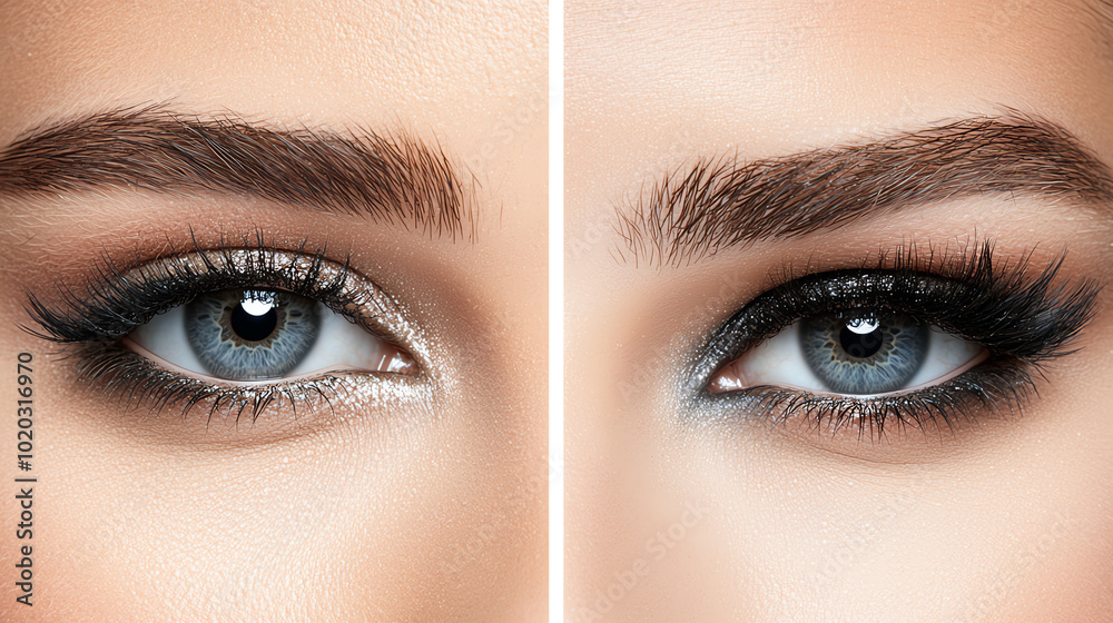 Fototapeta premium Close-up of beautiful eyes showcasing makeup details, white isolate background.