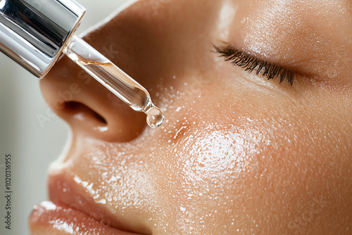 Close-up of beauty serum dropper on glowing skin, health and skincare concept.