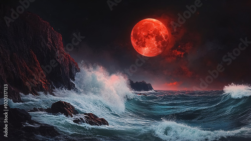 Panoramic Red Moon Over Coastline: A panoramic view of a red moon over a rugged coastline, with waves crashing against rocks and the moonlight casting a reddish hue on the sea and cliffs.