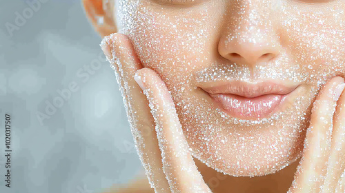 Woman applying exfoliating scrub on her face for healthy skin. photo