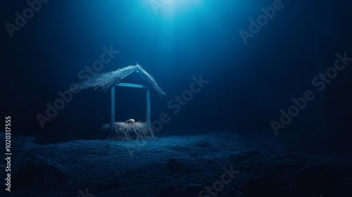 Beautiful christmas nativity scene depicting the birth of jesus christ in a wooden manger under a dark blue night sky, perfect for christian christmas concepts and celebrations, featuring the message 