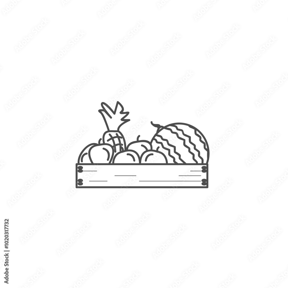 Fruit box, fruit counter, selling fruit at the market icon. Fruit box, fruit counter, selling fruit at the market icon.