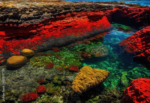 exquisite vibrant tidepool close showcasing diverse marine life among colorful rock formations shoreline, anemone, aquatic, beauty, biodiversity, blue photo