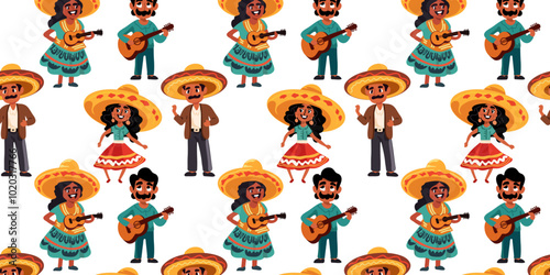 Seamless pattern with happy Mexican people in sombreros playing a traditional musical instrument