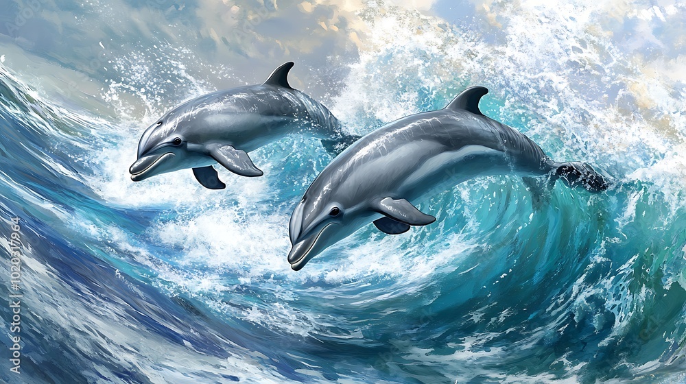 Naklejka premium Two dolphins leaping over ocean waves under a cloudy sky.