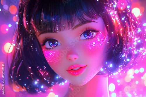 3D Anime Girl, Sparkling hair and glitter accents Background Wallpaper