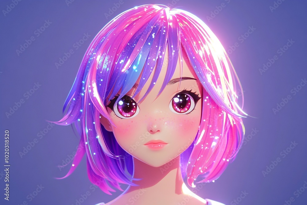 3D Anime Girl, Sparkling hair and glitter accents Background Wallpaper