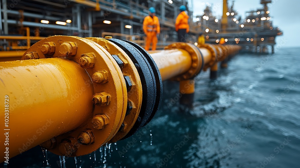 Closeup of a yellow oil pipeline with workers in the background on an offshore platform. Closeup of a yellow oil pipeline with workers in the background on an offshore platform.