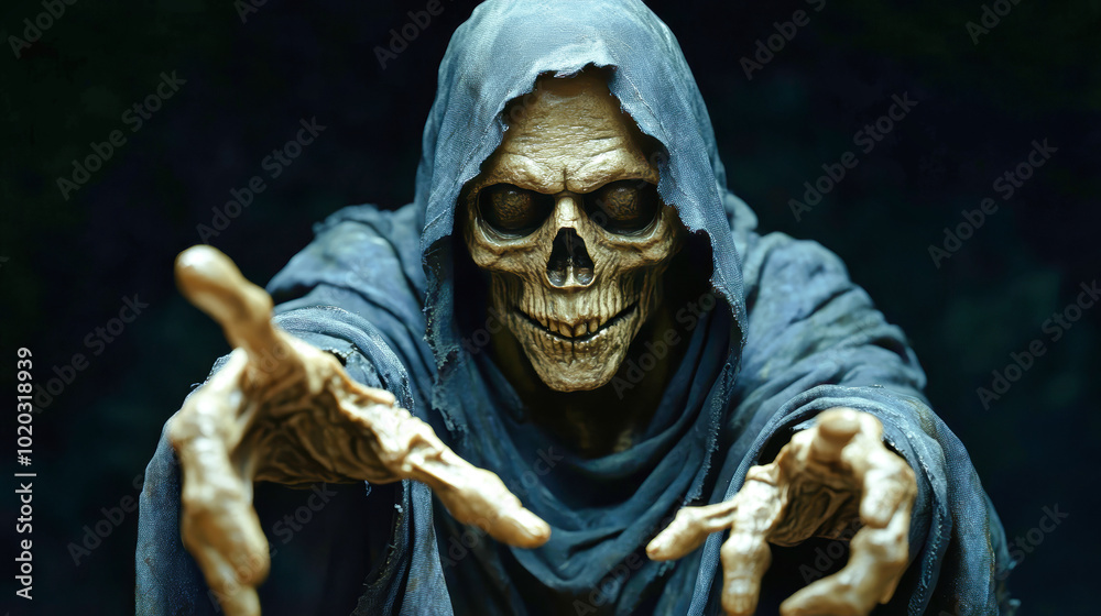 A realistic grim reaper with a skeleton face extends dark gnarled fingers while dressed in a dark blue cloak against a stark black background A realistic grim reaper with a skeleton face extends dark gnarled fingers while dressed in a dark blue cloak against a stark black background