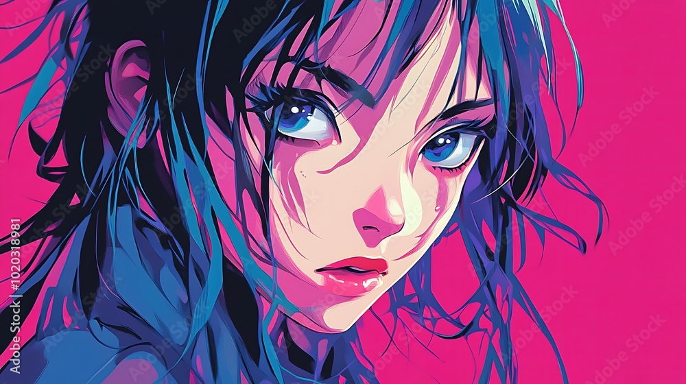 Anime Woman with Blue Eyes and Pink Background Anime Woman with Blue Eyes and Pink Background