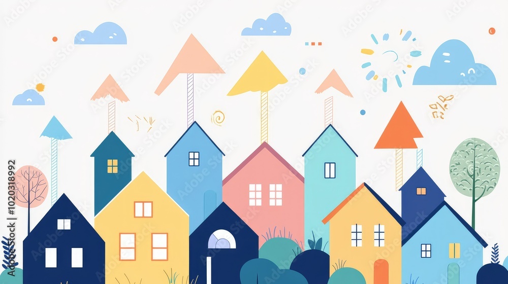 Positive trend chart with houses and upward arrows, showing real estate growth.