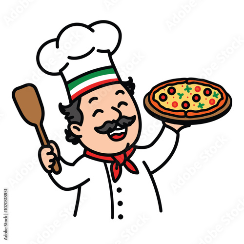 Smiling Italian pizza chef character holding pizza illustration