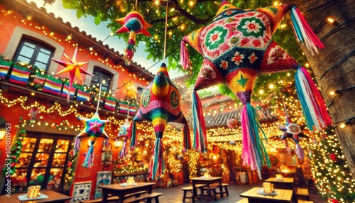 Christmas piñatas in Mexico, with vibrant colors and festive decorations.