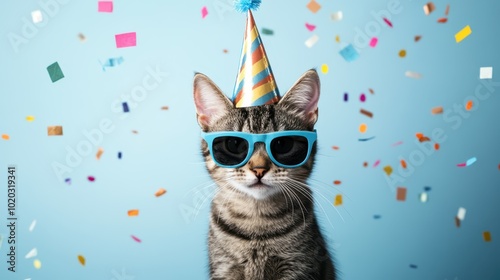 Tabby cat wearing party hat and sunglasses with confetti against blue background. Fun, quirky celebration concept for pet lovers. photo