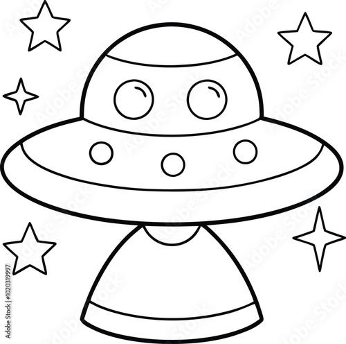 A cute UFO is flying in space surrounded by stars