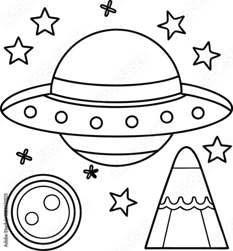Cosmic Coloring Page Featuring a UFO, Spaceship, Planets, and Stars for Young Astronauts to Explore the Wonders of the Universe