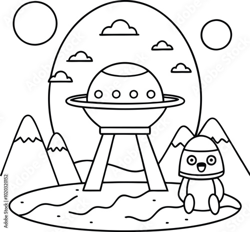 Fun and Educational Coloring Page for Kids Featuring an Alien and Spaceship