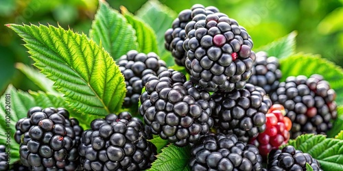 Blackberries nestled amongst lush green foliage, showcasing their plump, dark purple exterior and delicate, textured skin.