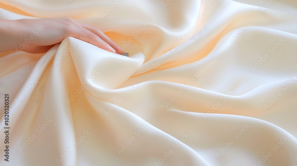 A dynamic shot capturing an artisan hand elegantly examining a luxurious fabric around a sewing machine, showcasing the craftsmanship behind textile production. The deep depth of field creates a A dynamic shot capturing an artisan hand elegantly examining a luxurious fabric around a sewing machine, showcasing the craftsmanship behind textile production. The deep depth of field creates a