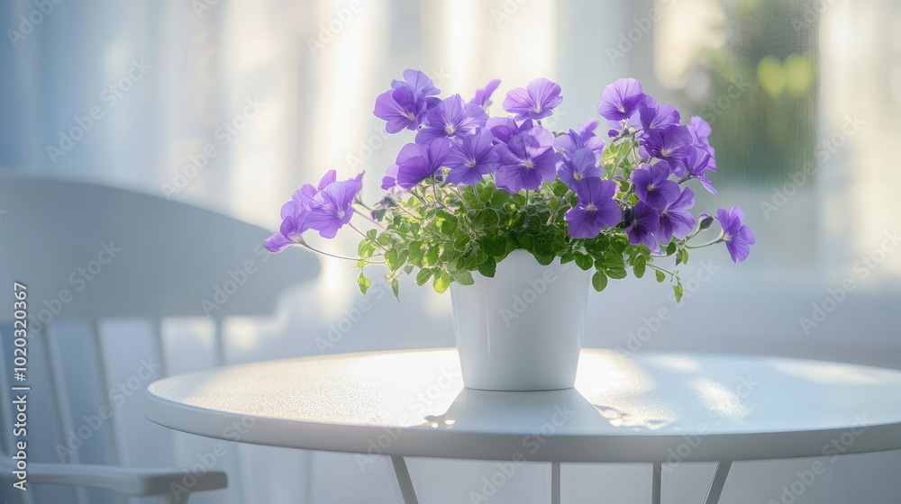 Purple flowers sitting on a white table, soft background adding to the simplicity Purple flowers sitting on a white table, soft background adding to the simplicity