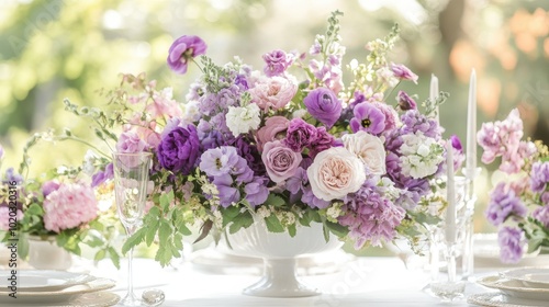 Wallpaper Mural Purple flowers arranged elegantly on a white table, sunlight enhancing the soft hues Torontodigital.ca