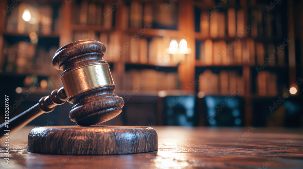 Realistic 3D rendering of a wooden judge's gavel on a rustic table with a blurred law library background showcasing generative AI technology Realistic 3D rendering of a wooden judge's gavel on a rustic table with a blurred law library background showcasing generative AI technology