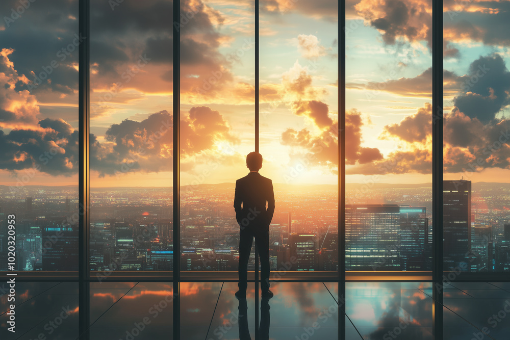 Businessman Standing in Modern Office with Sunrise View Businessman Standing in Modern Office with Sunrise View