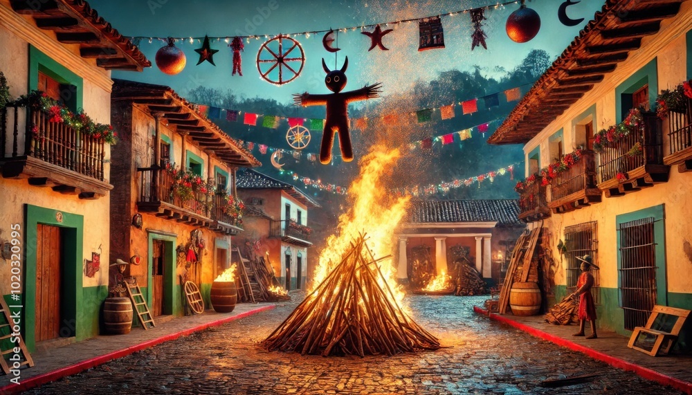 Obraz premium La Quema del Diablo (The Burning of the Devil) in Guatemala, featuring a bonfire and festive decorations in a traditional town square.