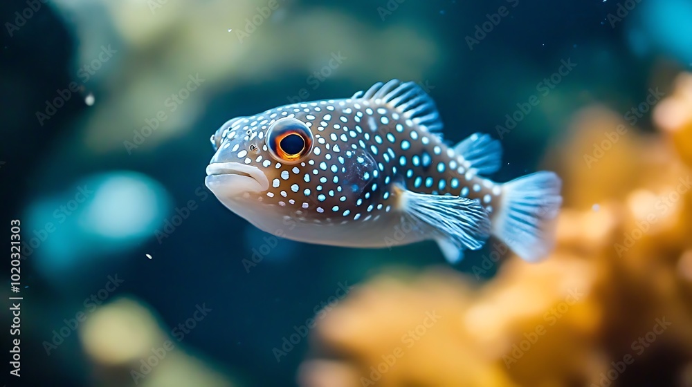 A vibrant fish with blue spots swimming in a coral reef environment. A vibrant fish with blue spots swimming in a coral reef environment.
