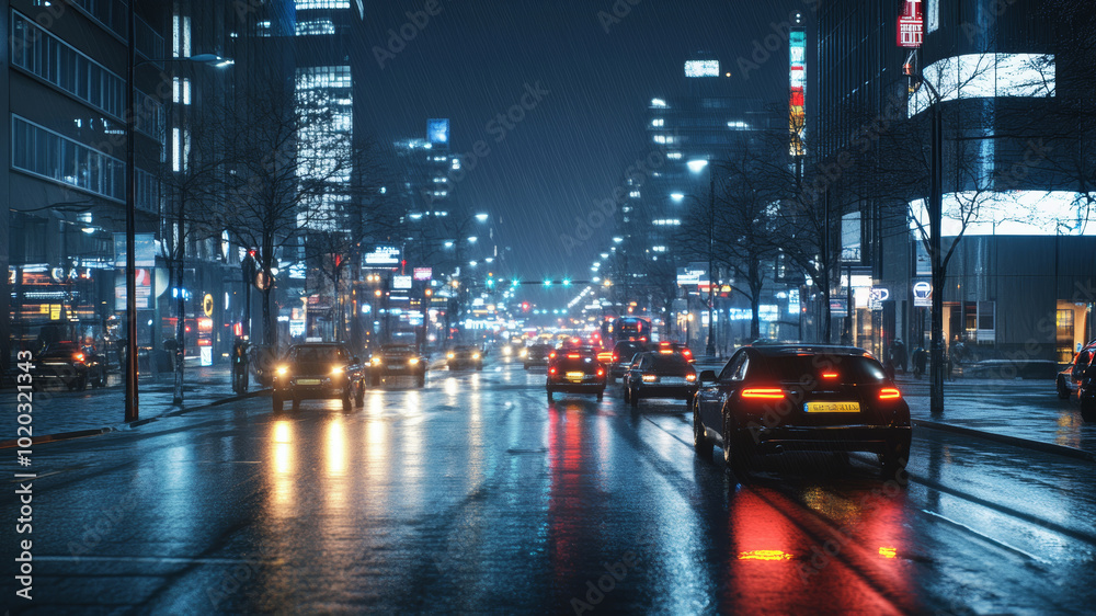 Fototapeta premium Modern city streets illuminated by futuristic lights at night with cars driving through reflective wet roads in a vibrant urban landscape