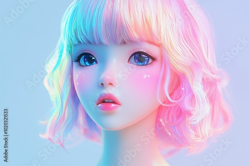 3D Anime Girl, Shimmering pastel hues Background Wallpaper