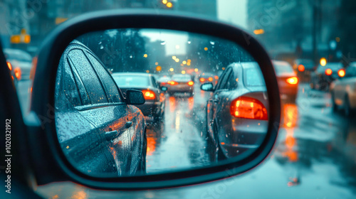 A rainy city's traffic jam reflected in a car's rear view mirror, showcasing the waiting vehicles and the moody light of urban life